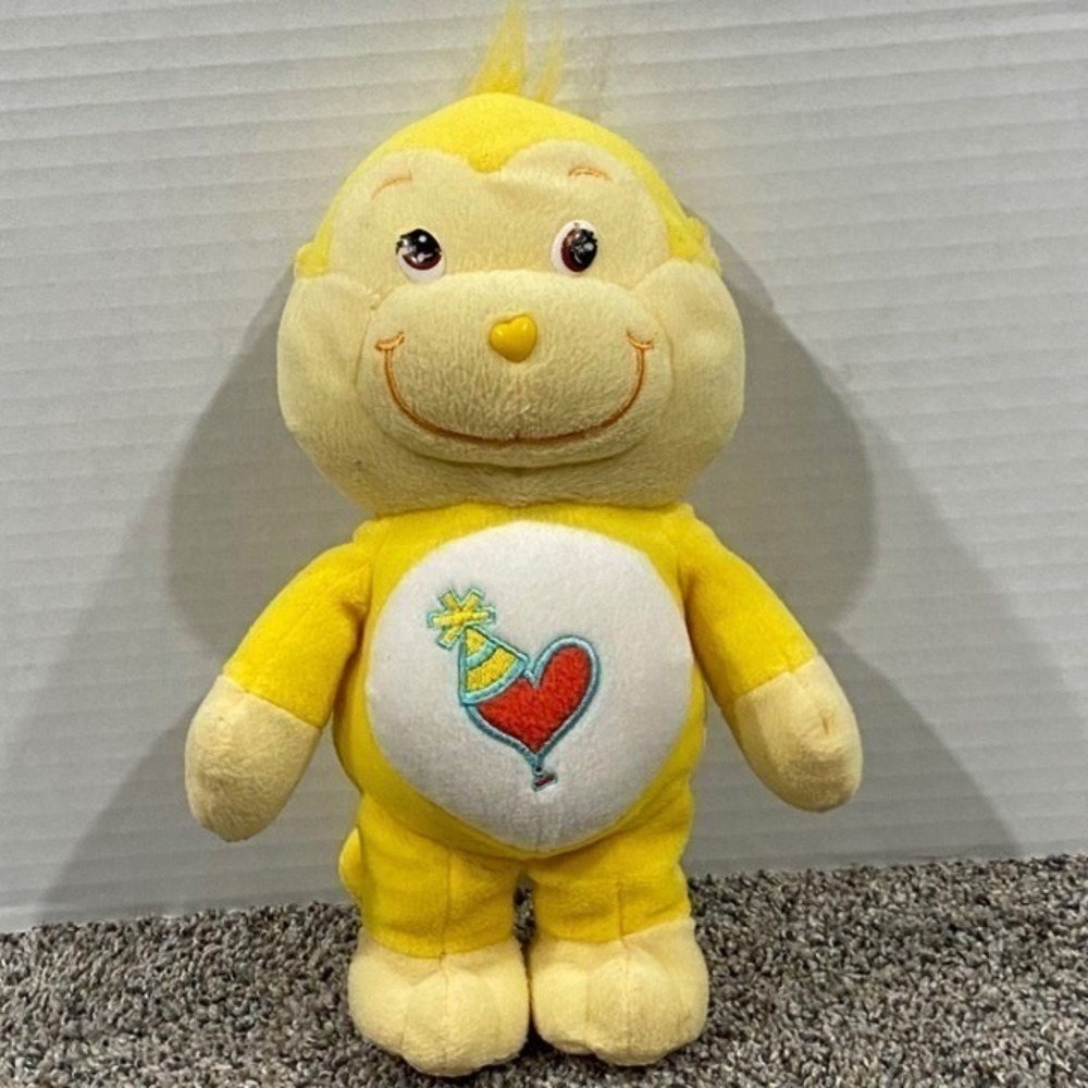 Plush Care Bear Cousins Unisex Yellow Fair Playful Heart Monkey Vintage 11in